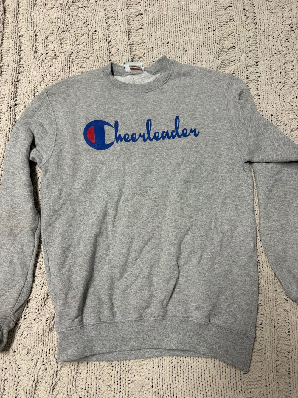 Champion Gray Crewneck with Blue and Red 'Cheerleader' Logo
